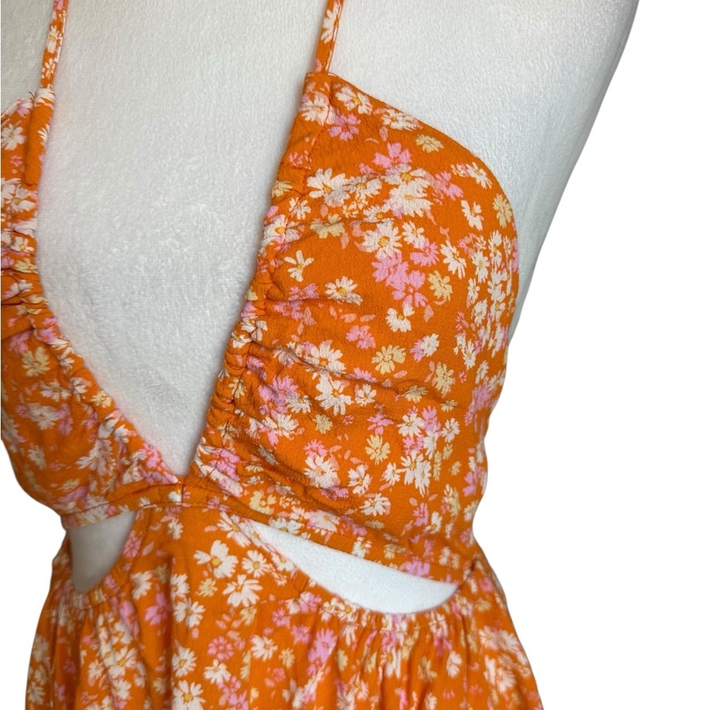 Sky To Moon Floral Cut Out Tie Back Orange Mini Dress Size L - Picture 4 of 17